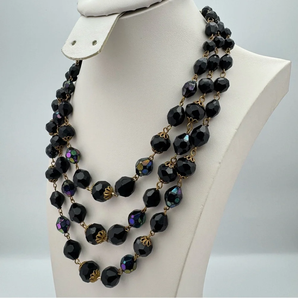 Vintage West Germany Multi-Strand Black Faceted Bead Necklace | Signed